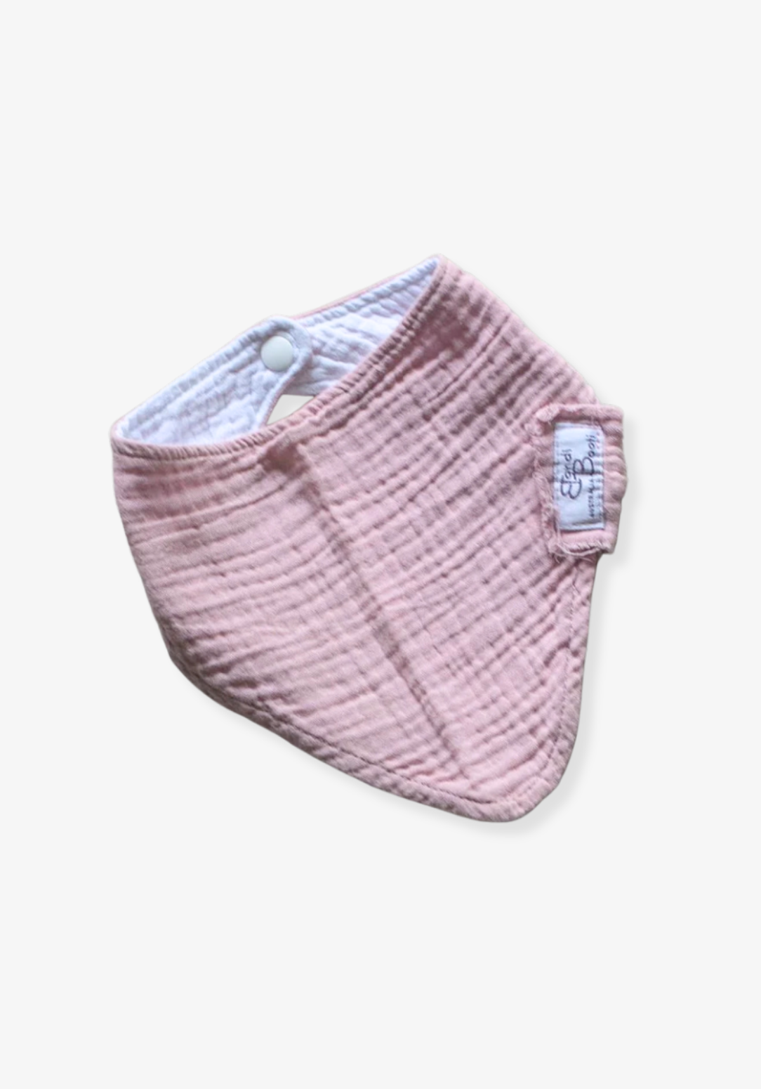 Bandana-style baby dribble bib in dusty pink made from organic cotton with absorbent lining.