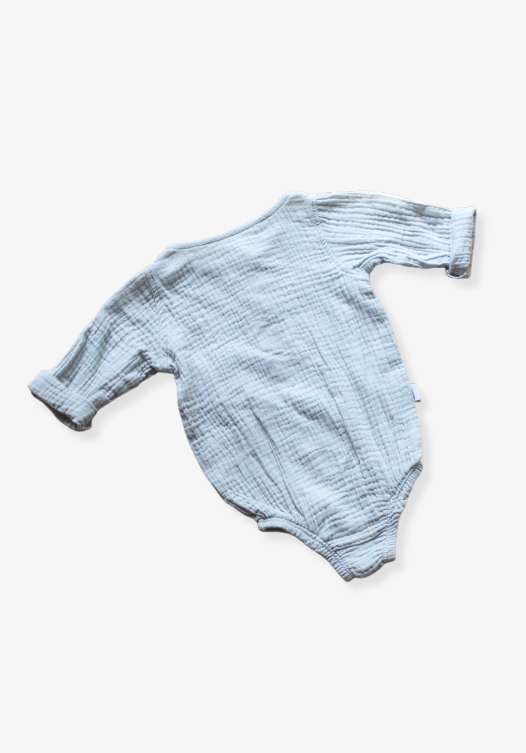 French grey long sleeve baby romper made from soft organic cotton with wooden button front and snap closures.