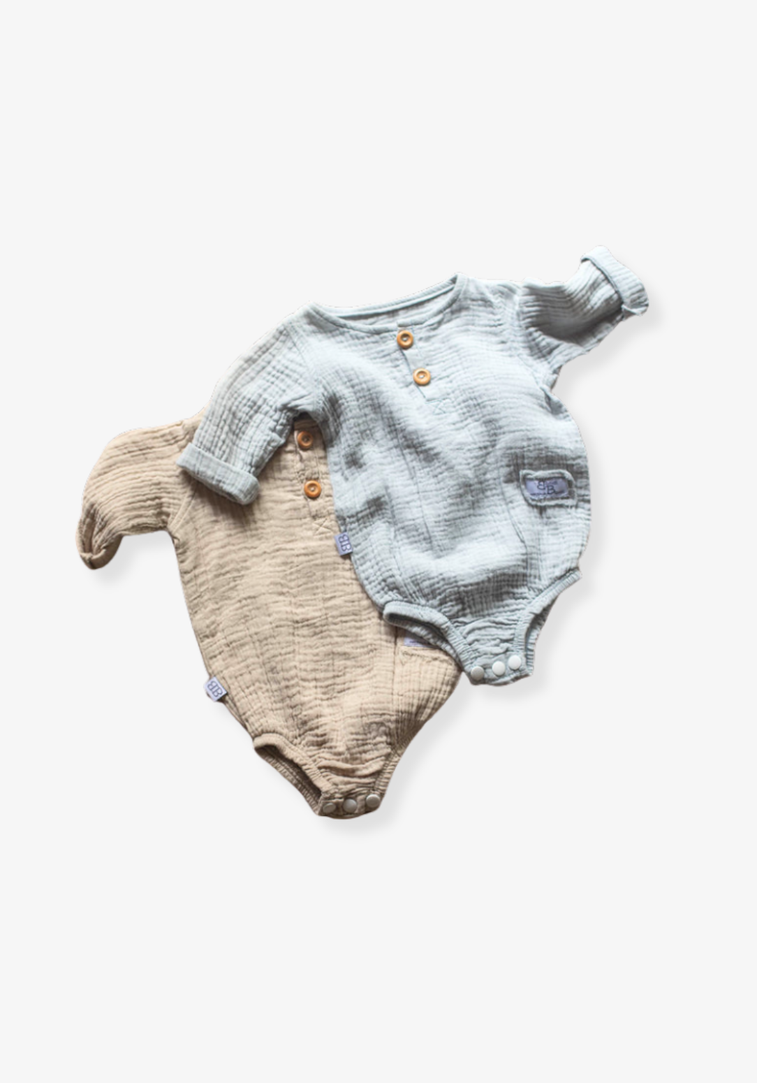 French grey long sleeve baby romper made from soft organic cotton with wooden button front and snap closures.