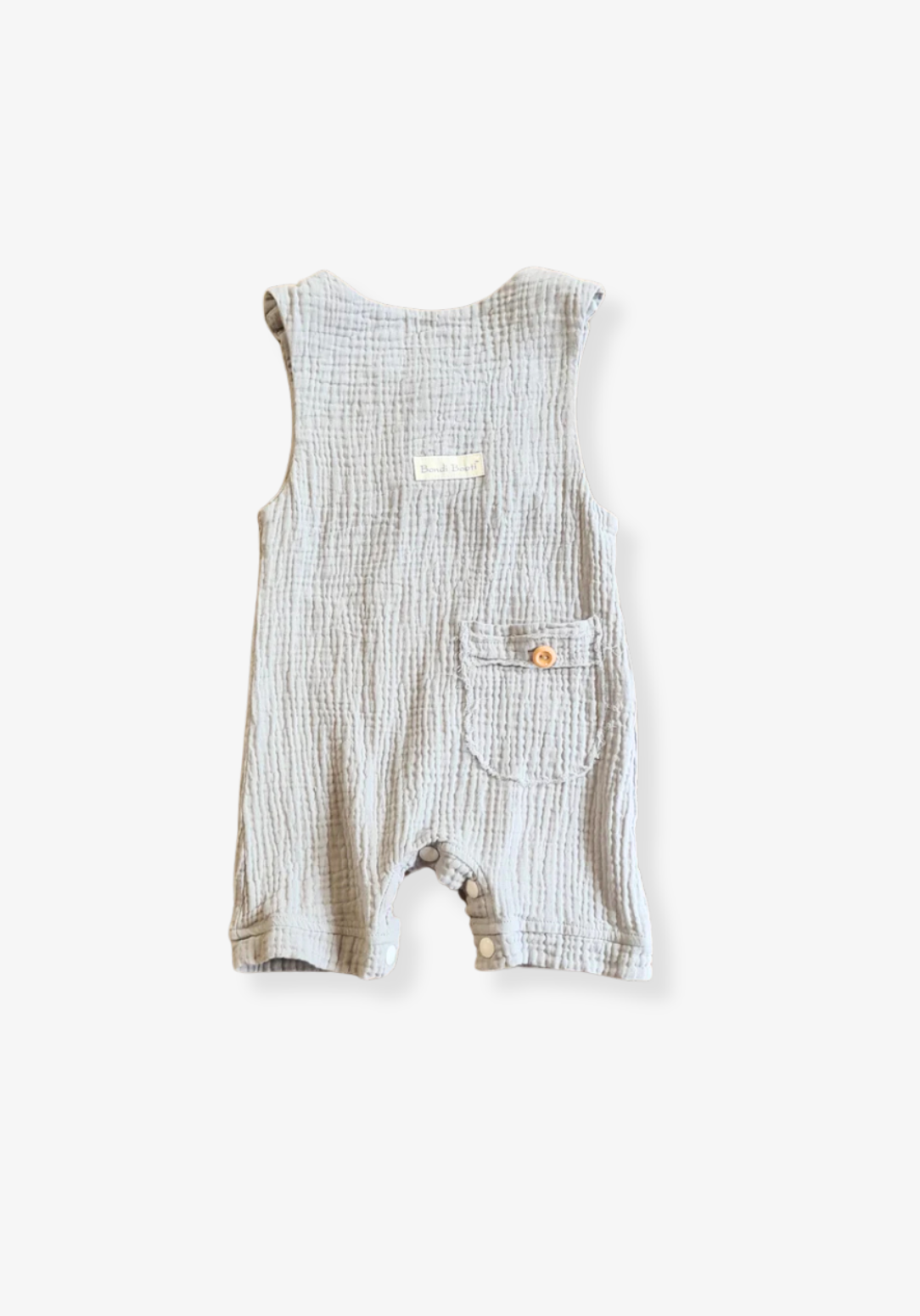 French grey organic cotton baby overall onesie with bottom snaps and wooden buttons.