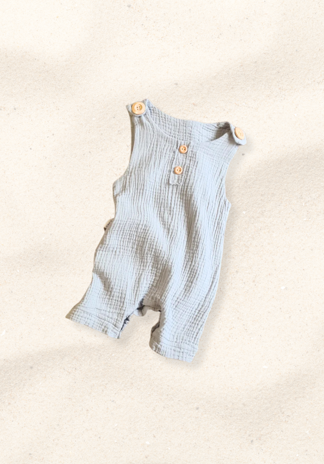 French grey organic cotton baby overall onesie with bottom snaps and wooden buttons.