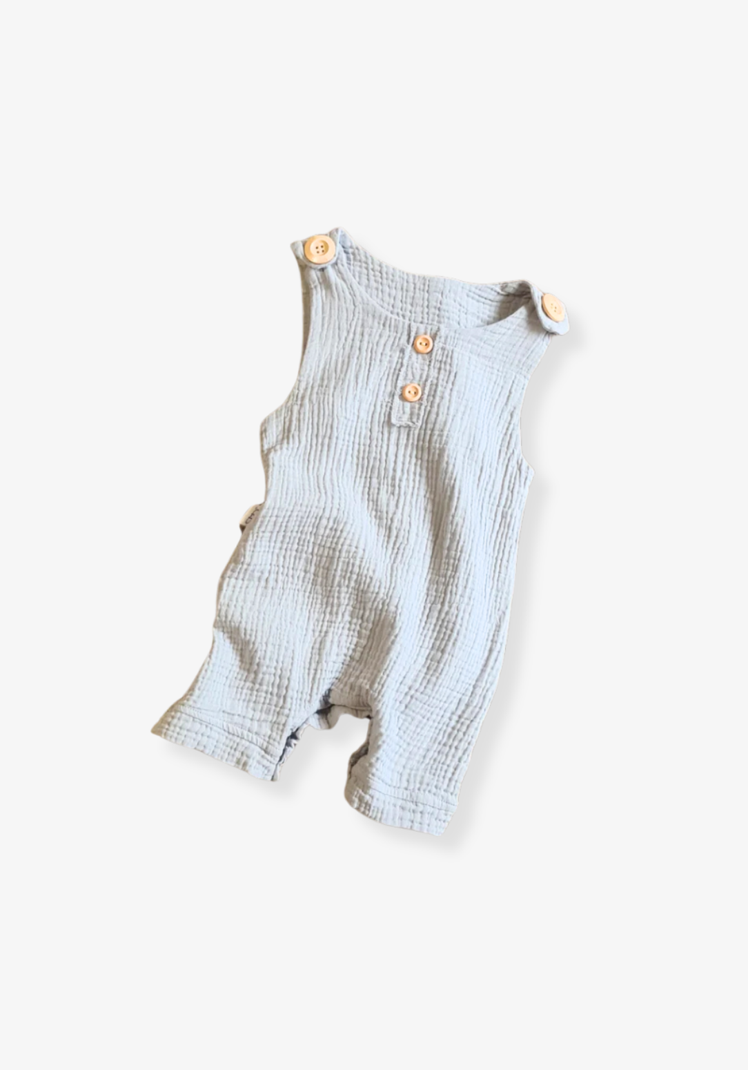 French grey organic cotton baby overall onesie with bottom snaps and wooden buttons.