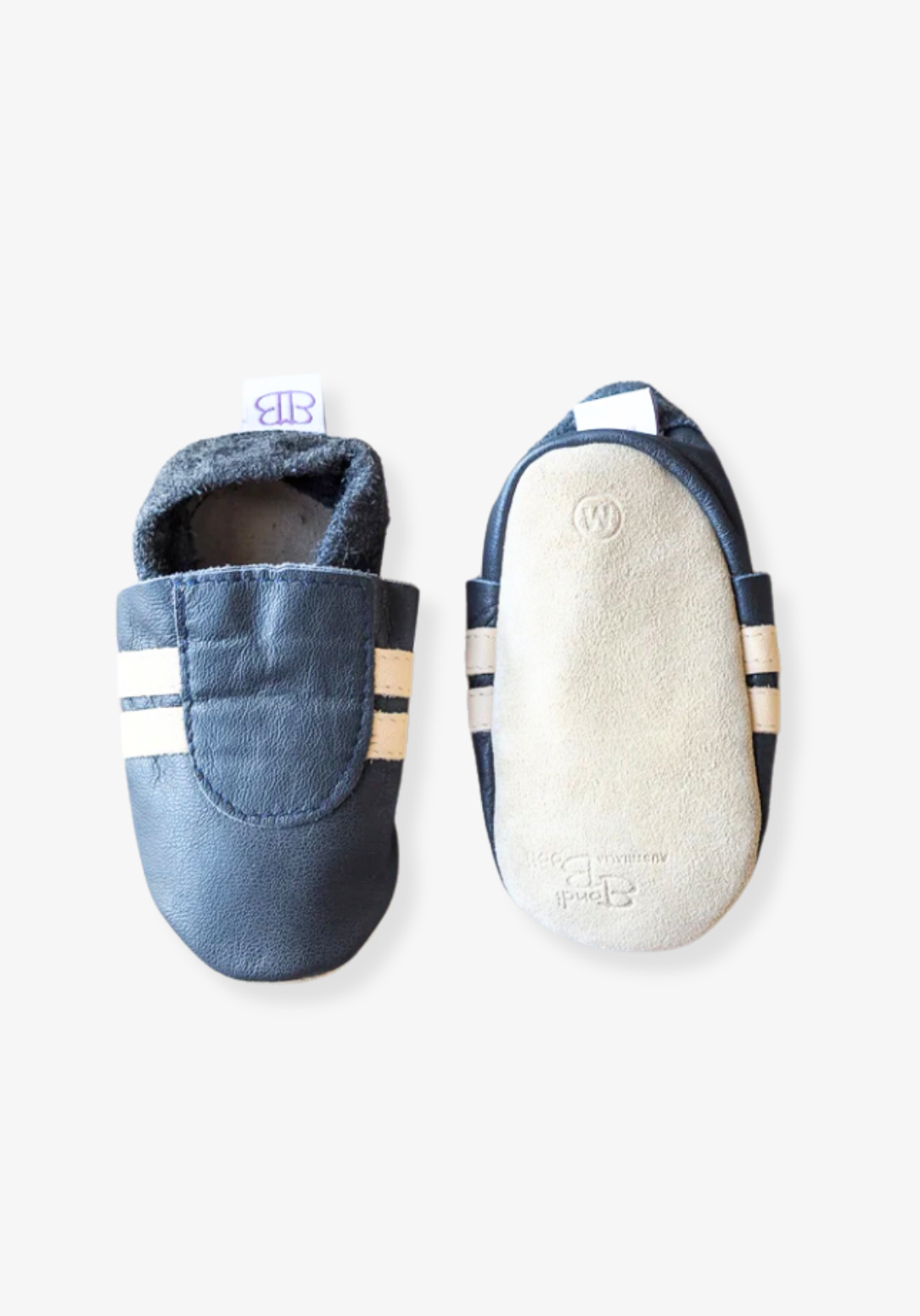 Leather soft sole baby booties in navy and cream with elastic ankle and non-slip suede soles