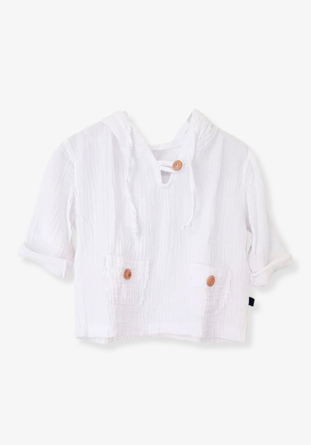 White organic cotton baby hoodie featuring front pockets and wooden buttons