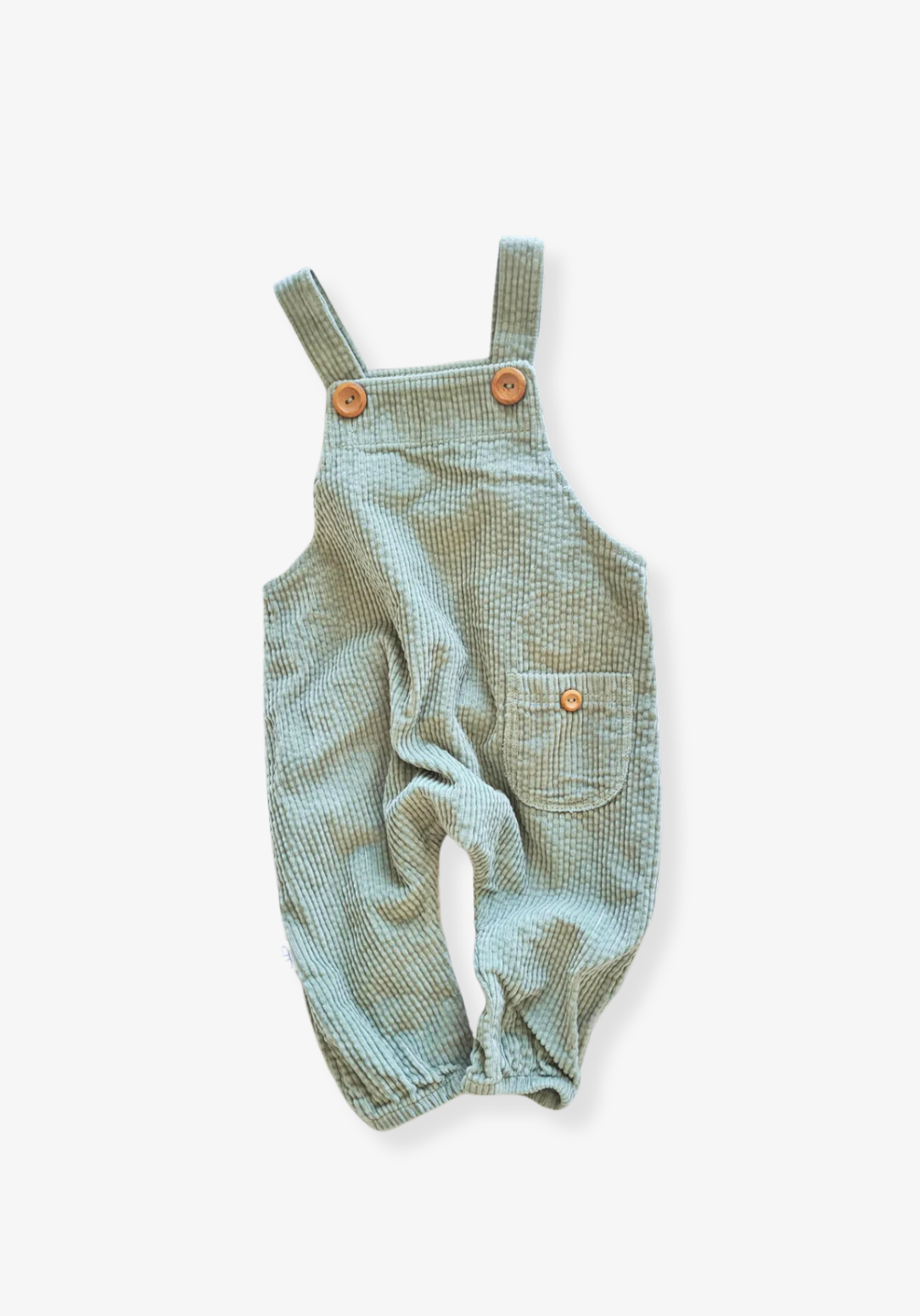 Sage green baby corduroy overall made from soft cotton with front pocket
