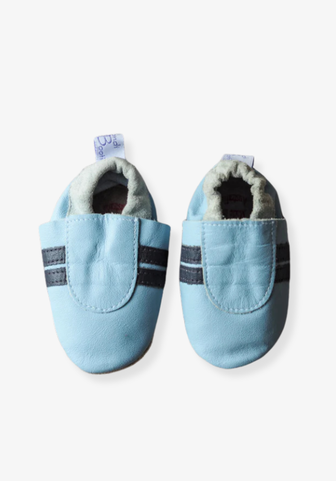 soft sole baby shoes in sky blue leather with black stripes and elastic opening