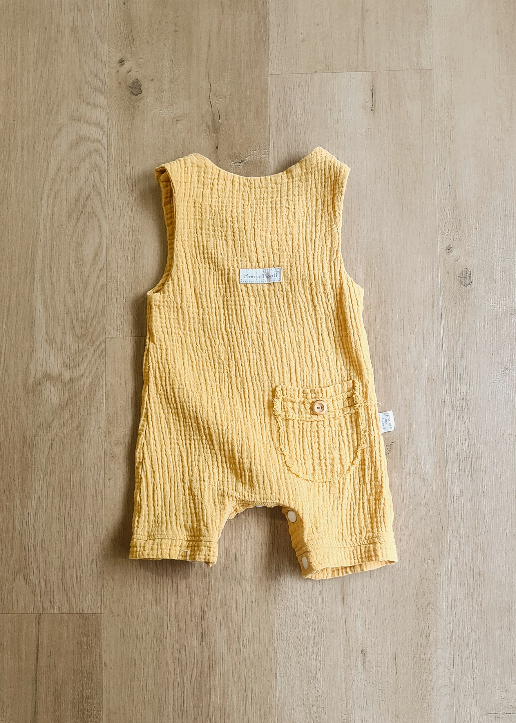 Organic cotton baby romper mustard yellow overalls