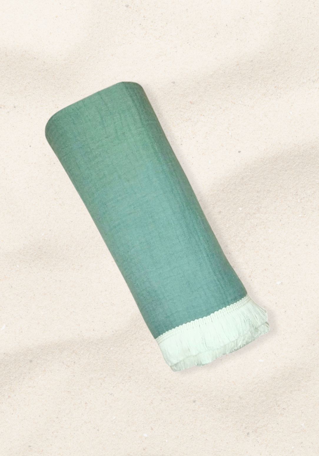 Teal blue baby blanket in airy cotton bamboo material, detailed with soft white fringe along the edges.