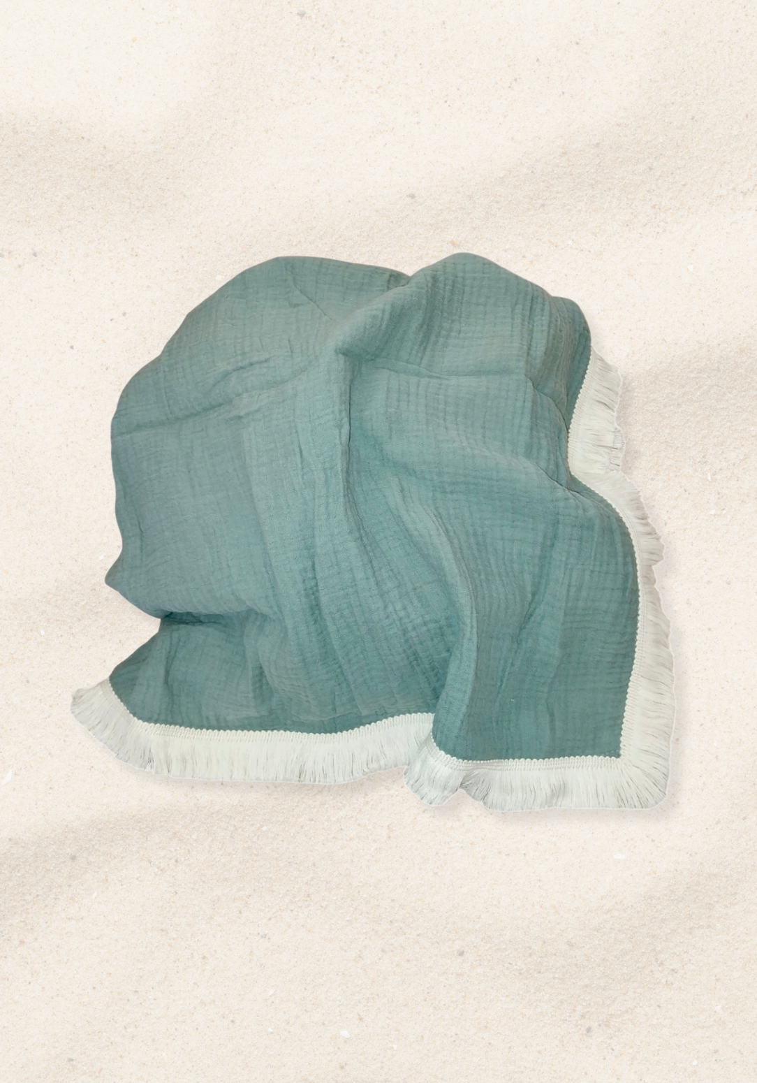 Teal blue baby blanket in airy cotton bamboo material, detailed with soft white fringe along the edges.