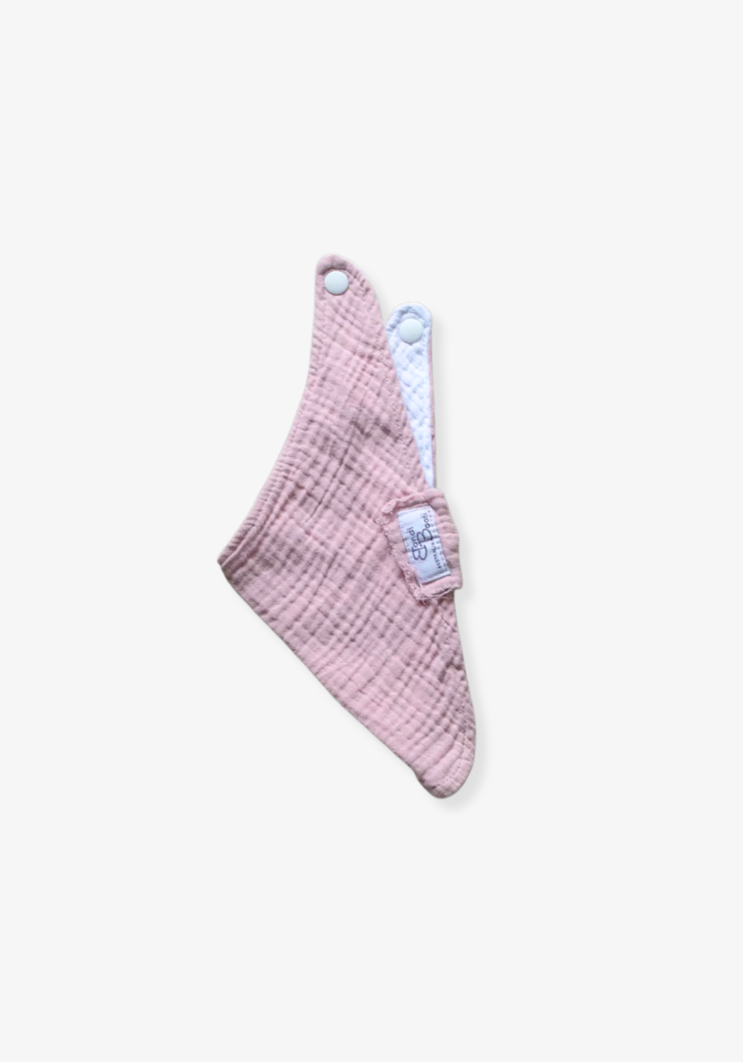Bandana-style baby dribble bib in dusty pink made from organic cotton with absorbent lining.