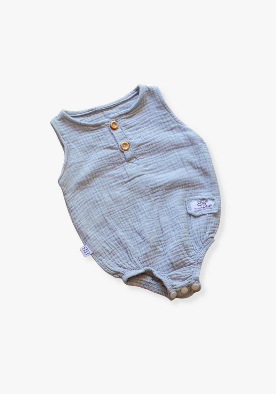 Short sleeve baby romper in French grey made from organic cotton with front buttons