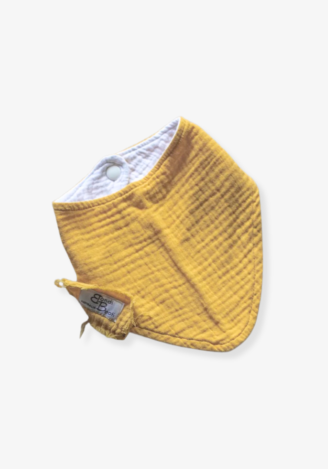 Mustard yellow organic cotton baby bandana dribble bib with soft fabric and snap closure.