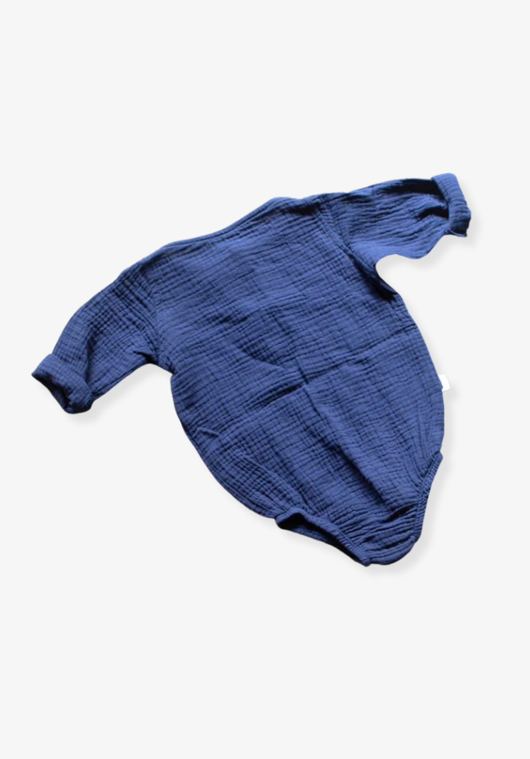Long sleeve navy baby romper crafted from soft organic cotton with button-up front