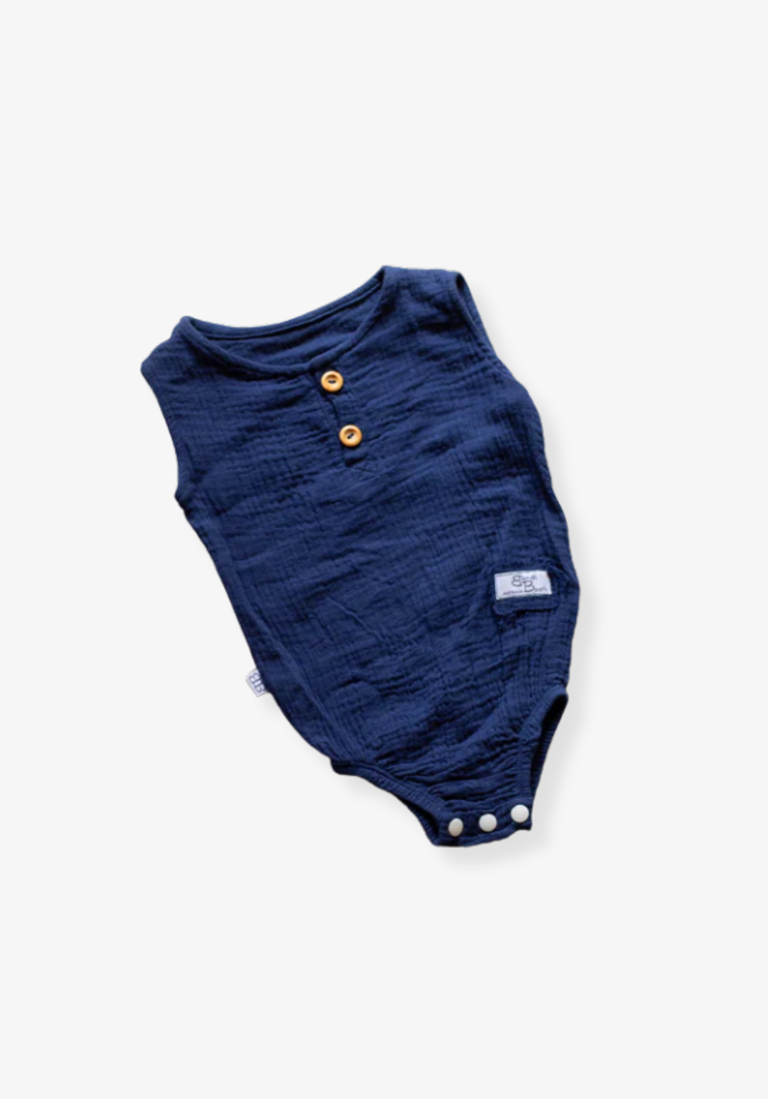 Navy short sleeve baby romper made from organic cotton with three snap buttons at the bottom and elasticised leg bands
