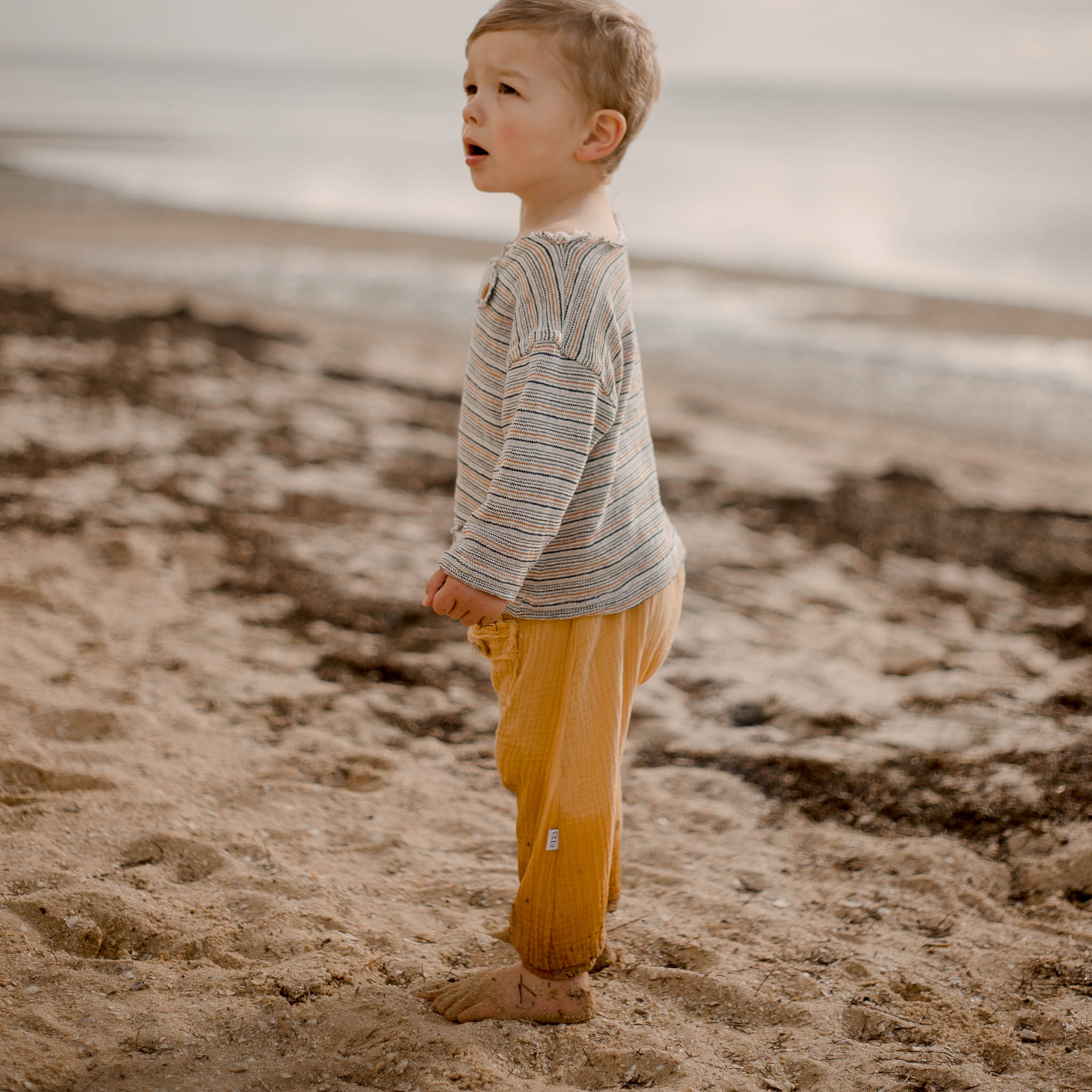 soft organic cotton neutral baby and toddler harem pants mustard