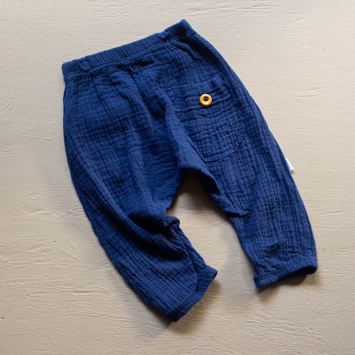 soft organic cotton neutral baby and toddler harem pants navy